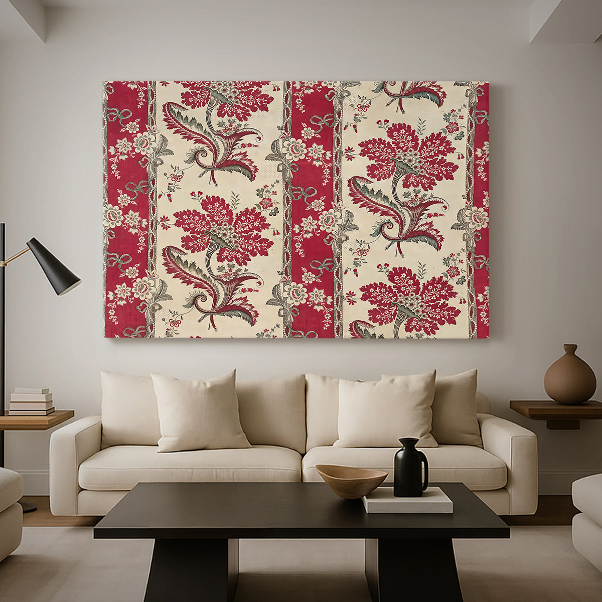 Canvas art print featuring a decorative composition featuring repeated botanical groupings, displayed in a spacious living room