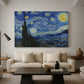 Canvas art print featuring a post-impressionist night scene with village beneath moving sky, displayed in a spacious living room