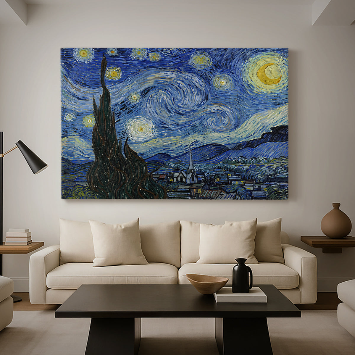 Canvas art print featuring a post-impressionist night scene with village beneath moving sky, displayed in a spacious living room