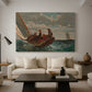 Canvas art print featuring an open sea composition with boat angled across waves, displayed in a spacious living room