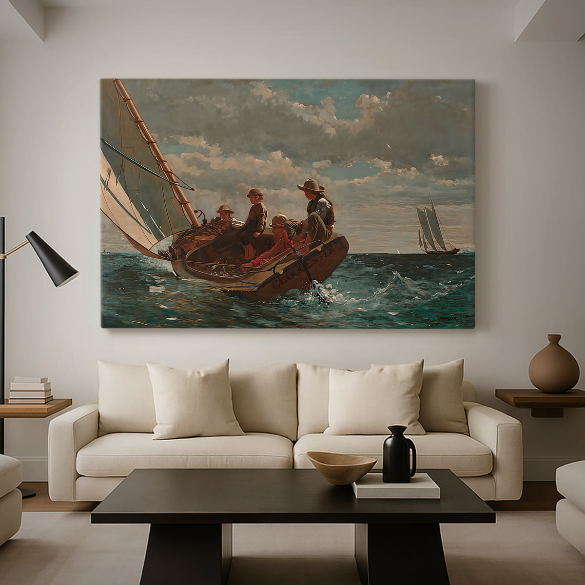 Canvas art print featuring an open sea composition with boat angled across waves, displayed in a spacious living room