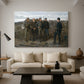 Canvas art print featuring a composition showing soldiers and captives in structured formation, displayed in a spacious living room