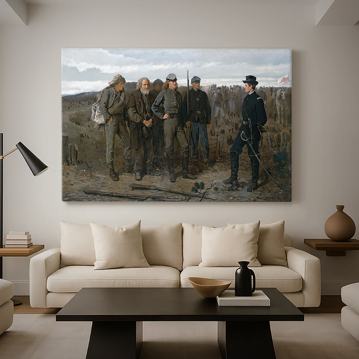 Canvas art print featuring a composition showing soldiers and captives in structured formation, displayed in a spacious living room
