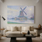 Canvas art print featuring a countryside view with windmill, displayed in a spacious living room