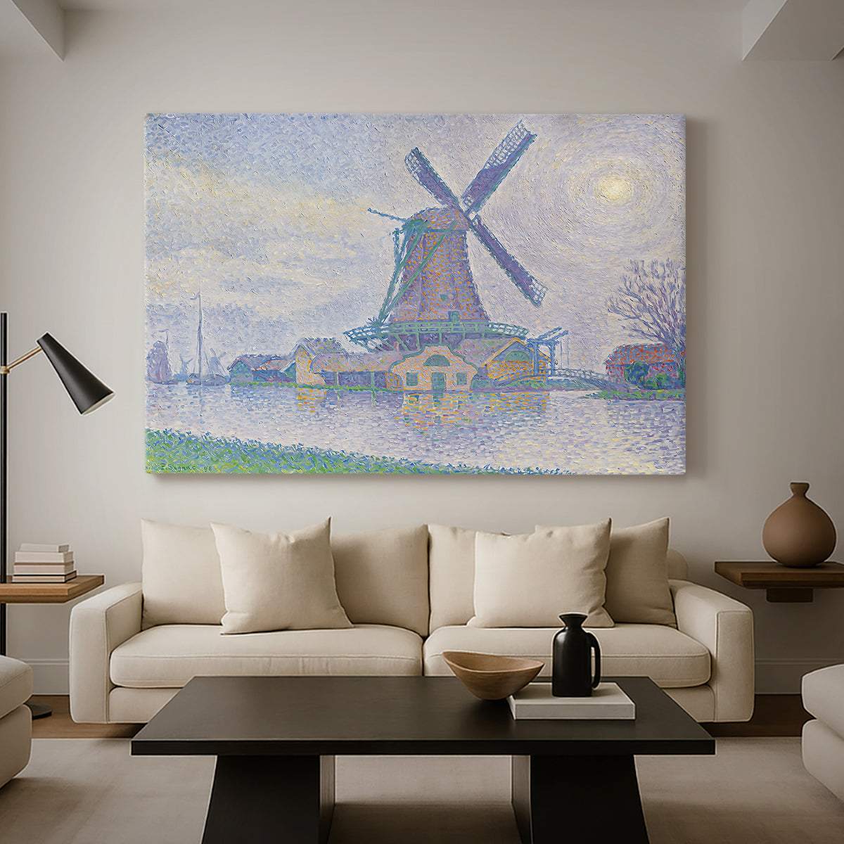 Canvas art print featuring a countryside view with windmill, displayed in a spacious living room