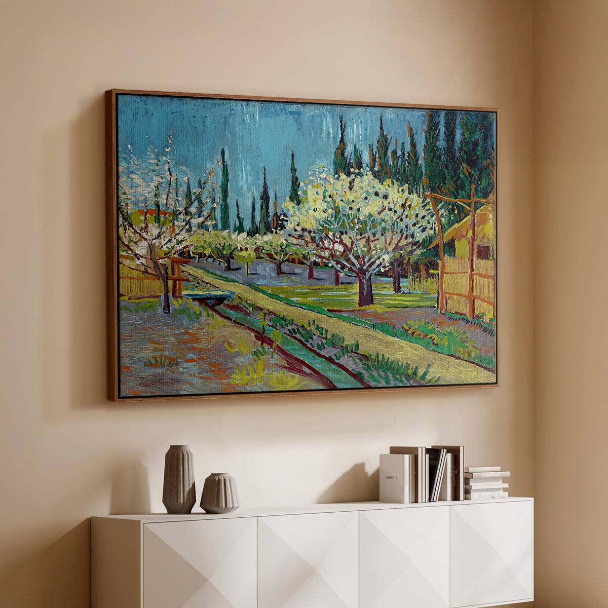 Orchard in Blossom, Bordered by Cypresses, 1888 - Floater Framed Canvas Print