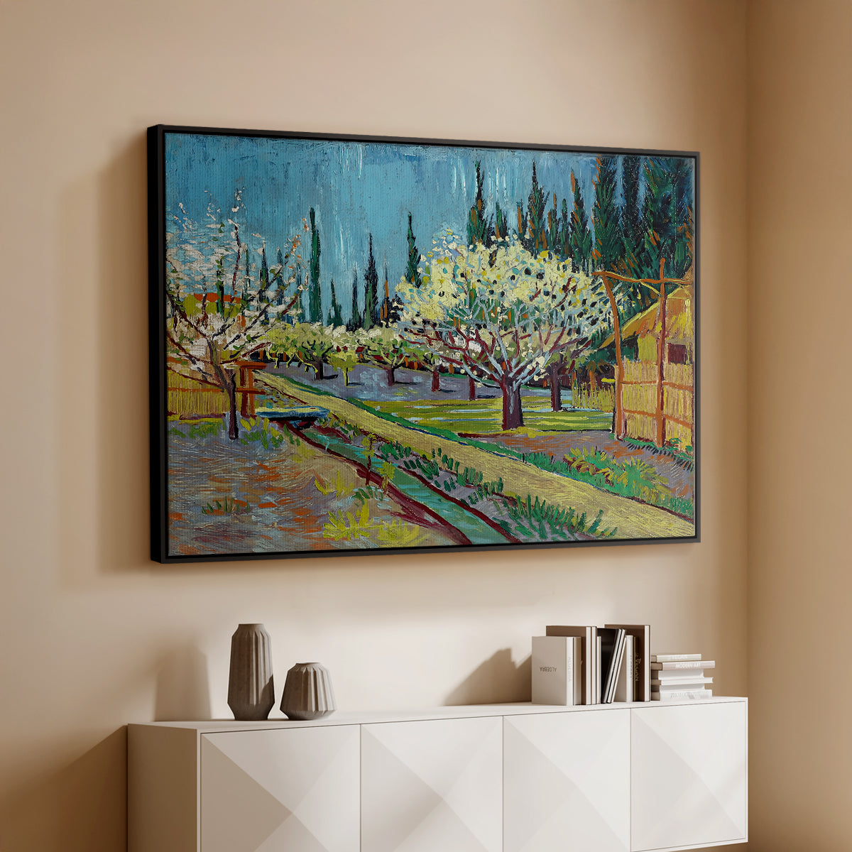 Orchard in Blossom, Bordered by Cypresses, 1888 - Floater Framed Canvas Print