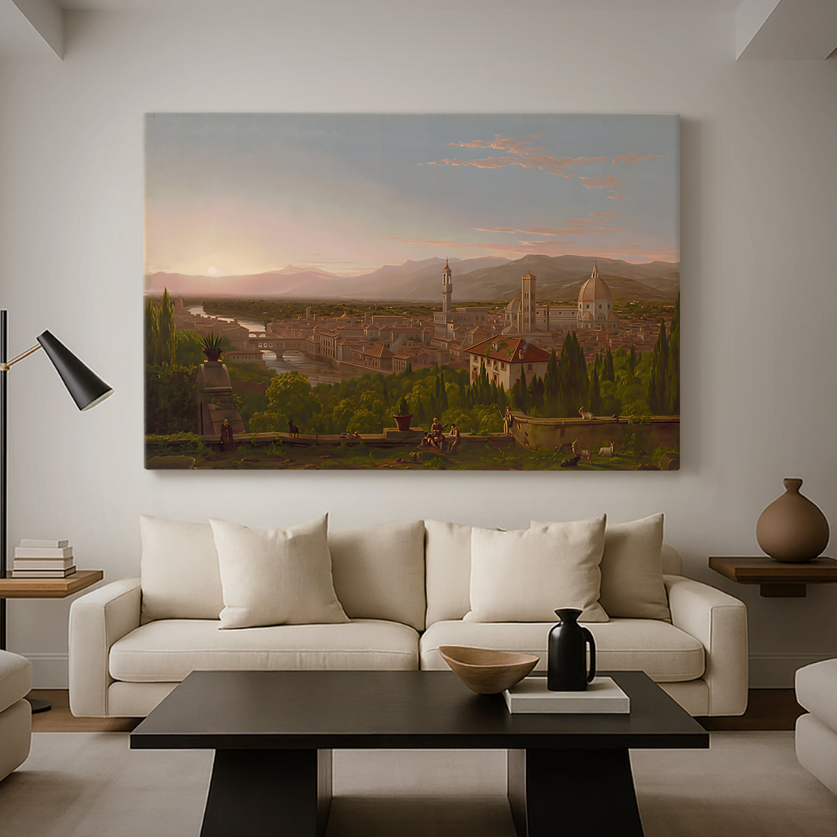 Canvas art print featuring a romantic cityscape integrated into natural terrain, displayed in a spacious living room