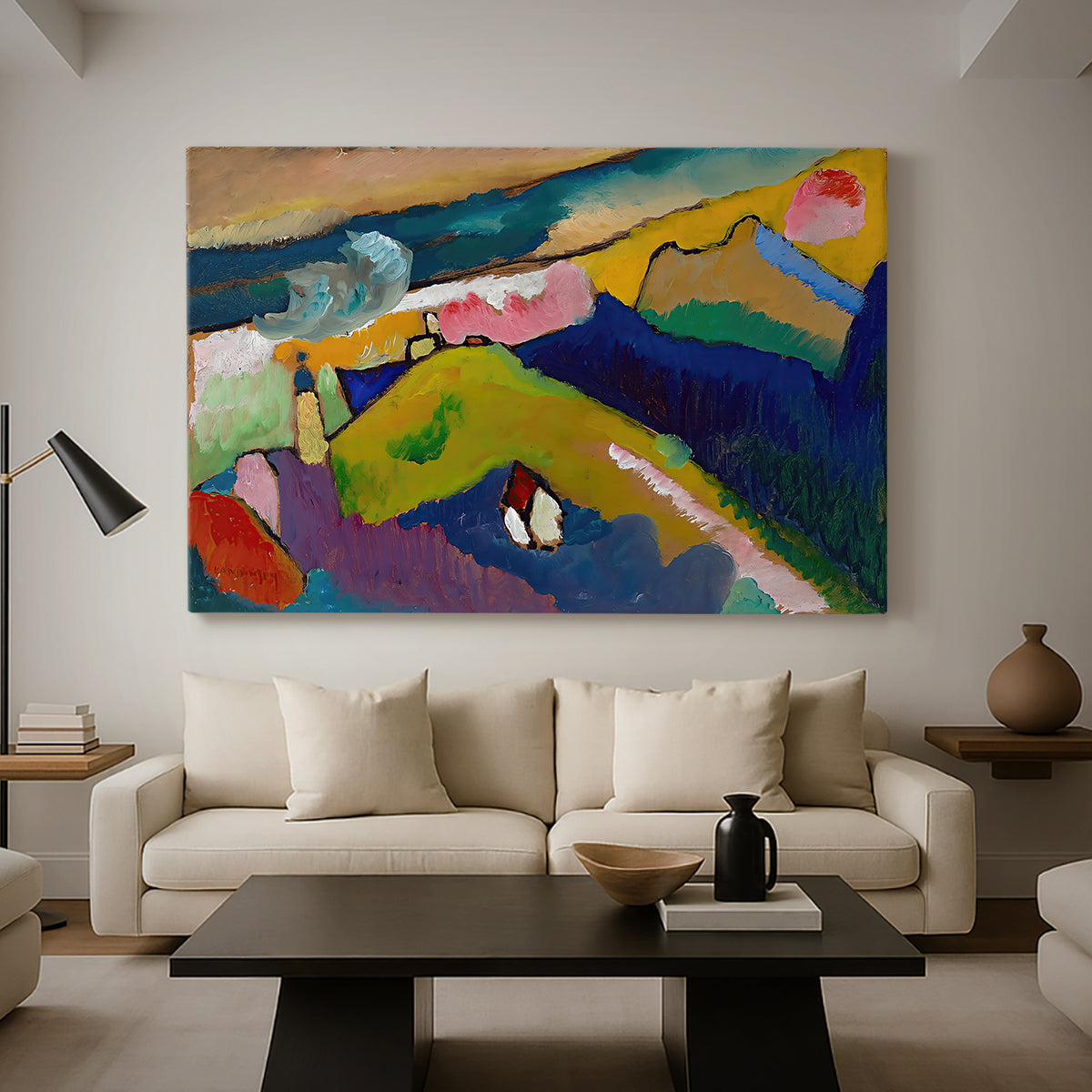 Canvas art print featuring an expressive countryside view blending terrain and structure, displayed in a spacious living room