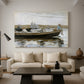 Canvas art print featuring a water composition focused on people within small boat, displayed in a spacious living room