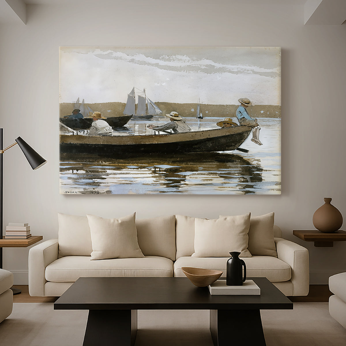 Canvas art print featuring a water composition focused on people within small boat, displayed in a spacious living room