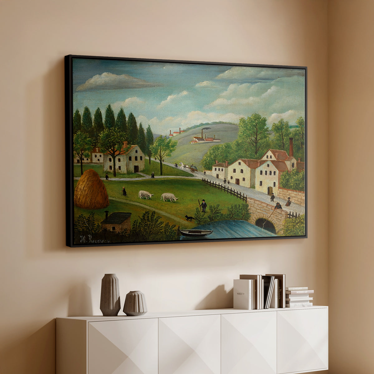 Pastoral Landscape with Stream, Fisherman and Strollers, 1875-1880 - Floater Framed Canvas Print