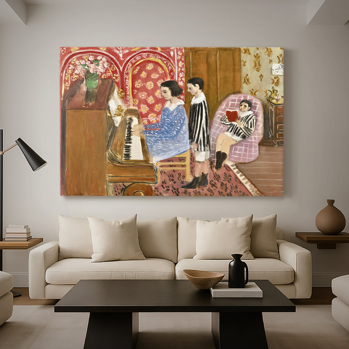 Canvas art print featuring an expressive interior with piano and figures, displayed in a spacious living room