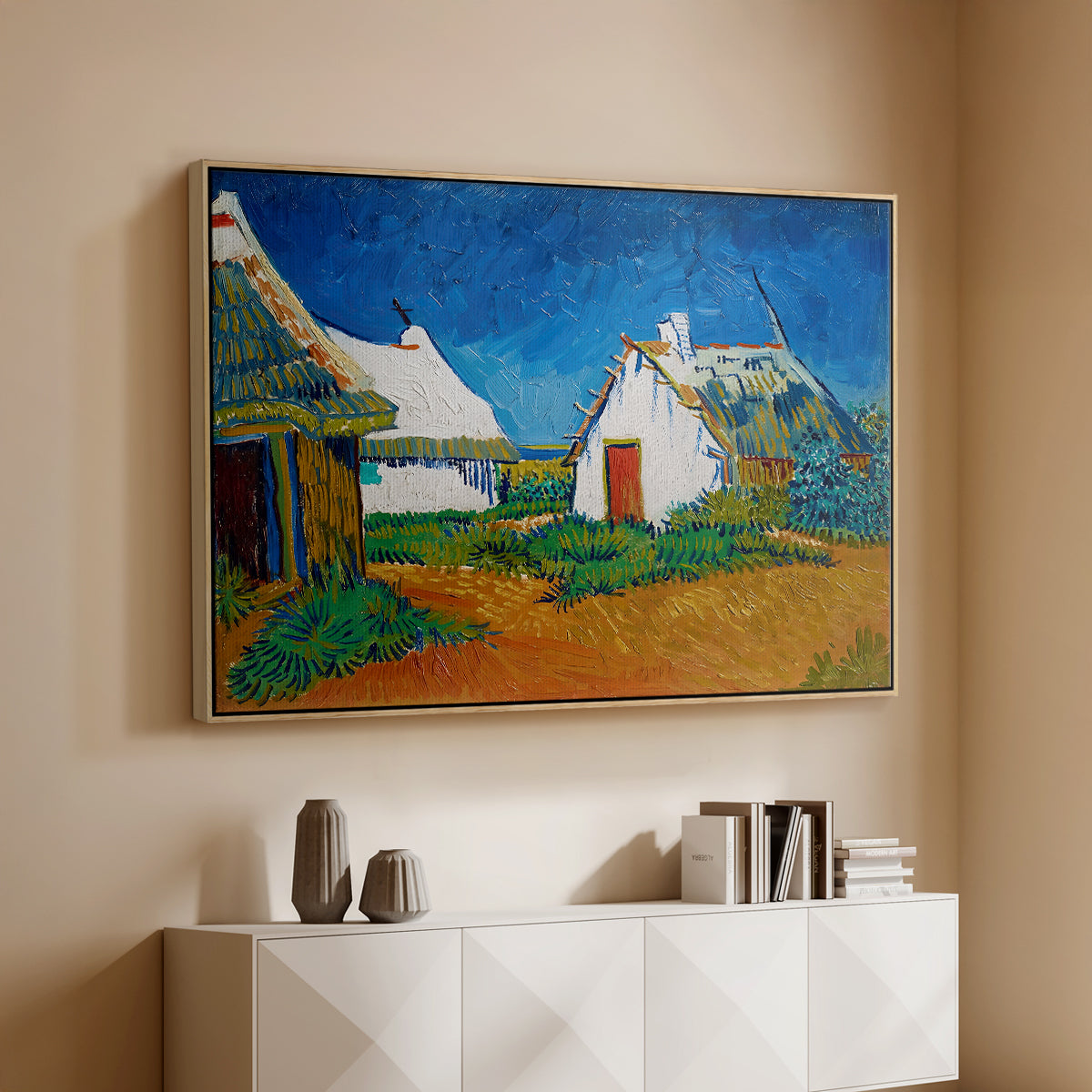 Three White Cottages at Saintes-Maries, 1888 - Floater Framed Canvas Print