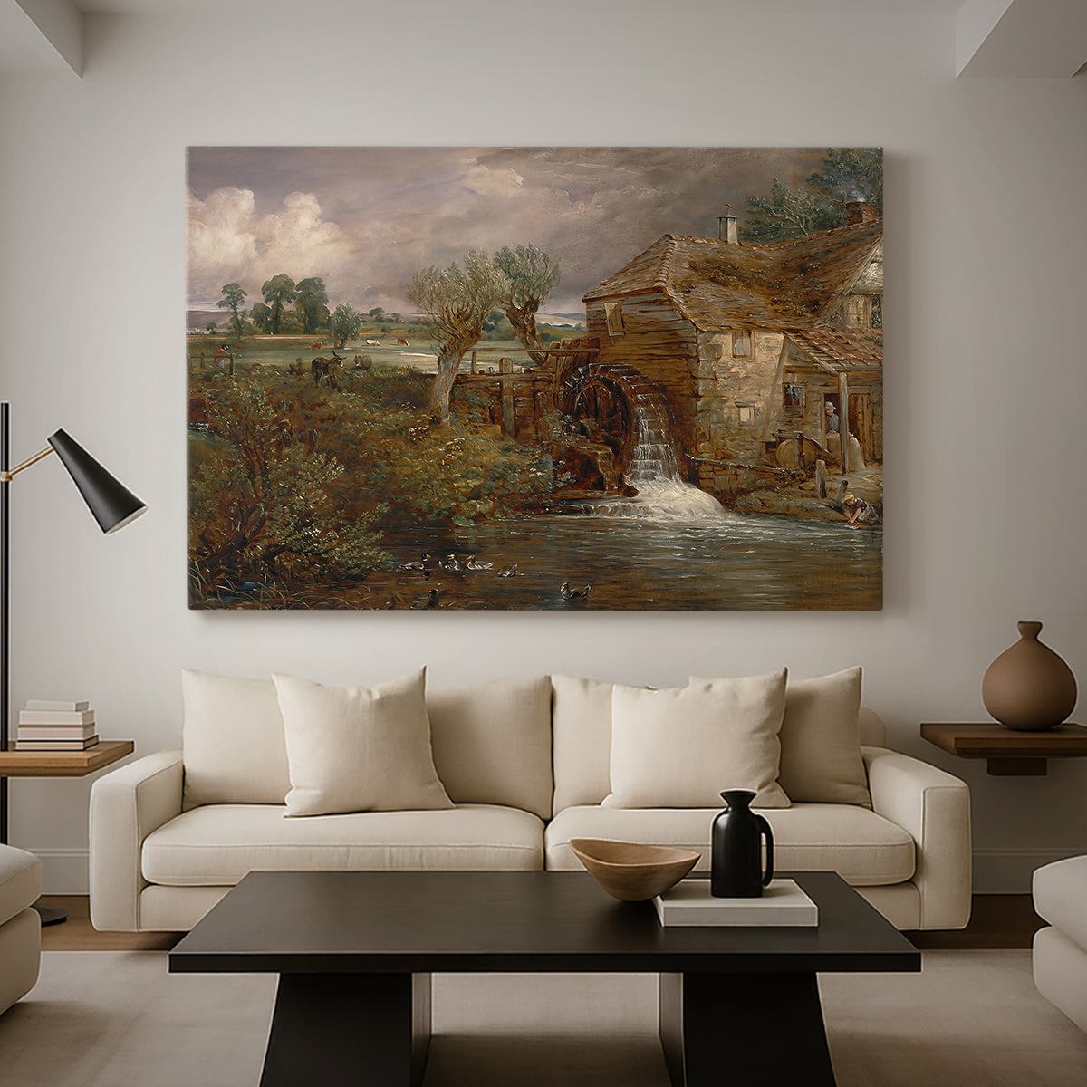 Canvas art print featuring an architectural landscape with rustic building, displayed in a spacious living room