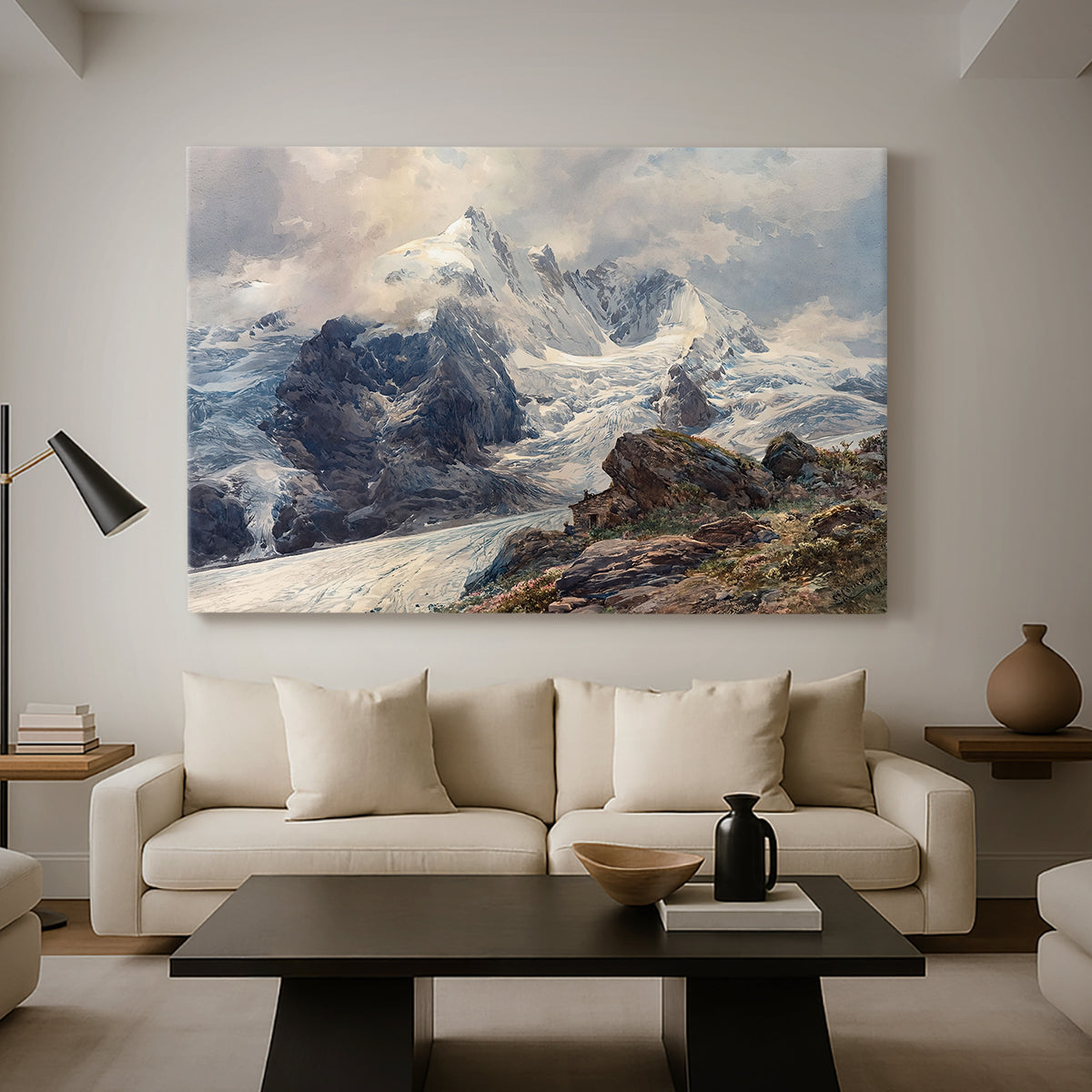Canvas art print featuring a realistic landscape of high mountain under open sky, displayed in a spacious living room