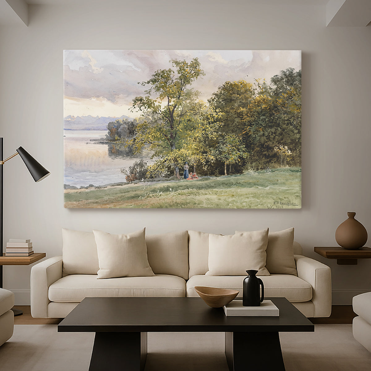 Canvas art print featuring a natural setting with water, trees, and open sky, displayed in a spacious living room