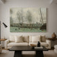 Canvas art print featuring a soft landscape with people and trees in calm setting, displayed in a spacious living room