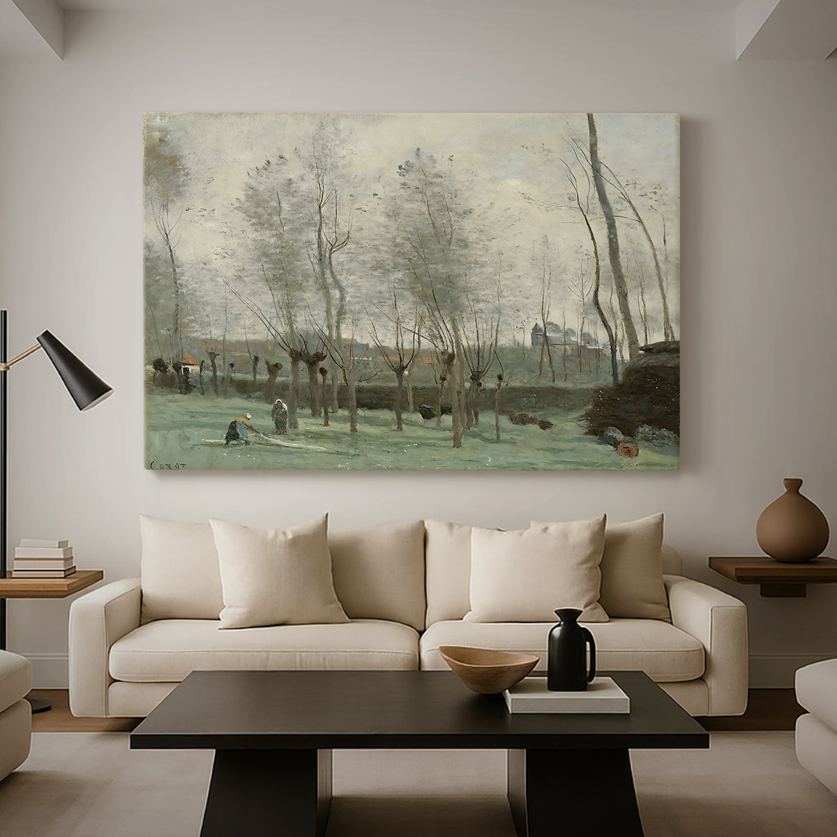Canvas art print featuring a soft landscape with people and trees in calm setting, displayed in a spacious living room
