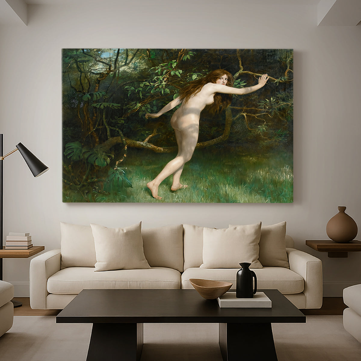 Canvas art print featuring an expressive figure study outdoors, displayed in a spacious living room
