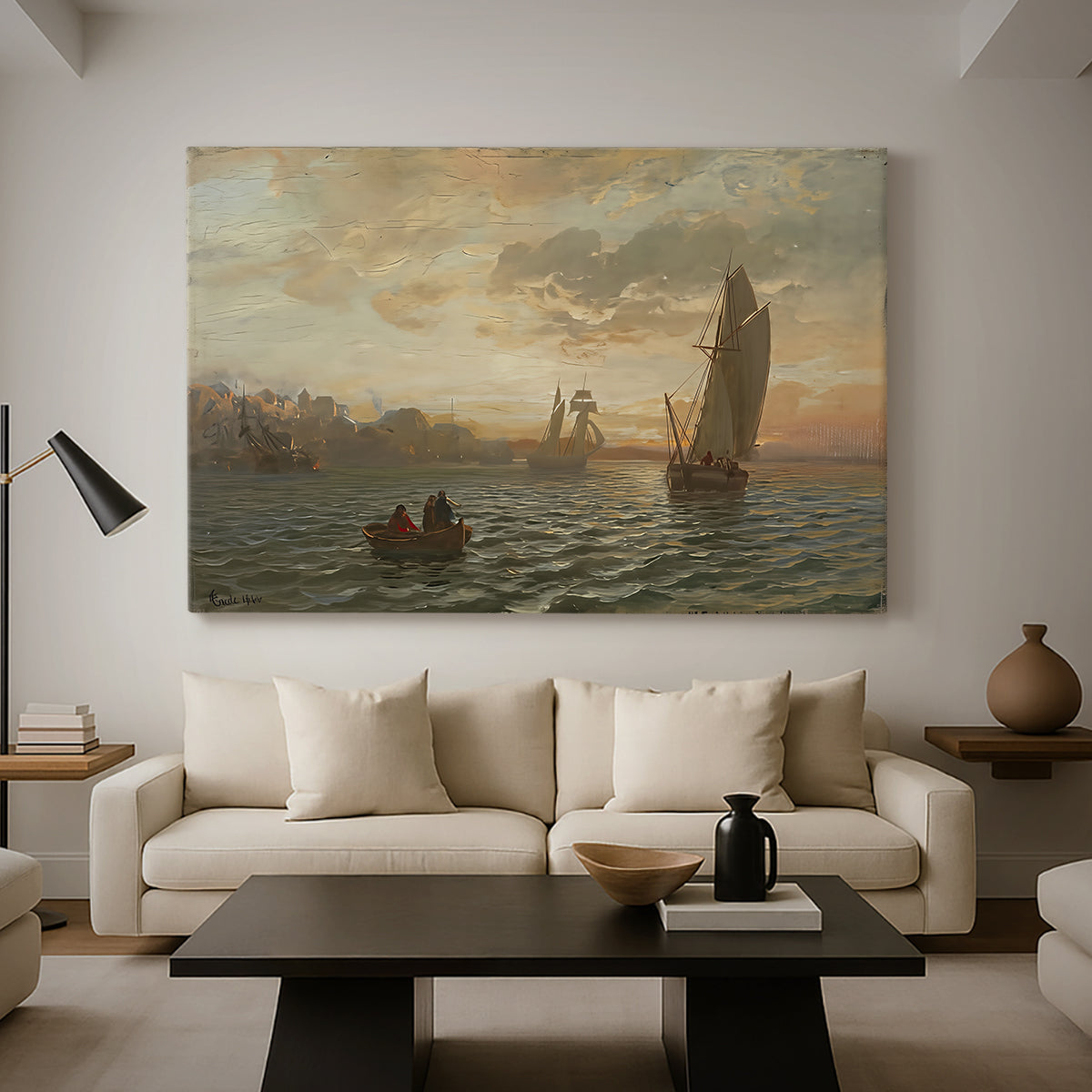 Canvas art print featuring a wide coastal composition with vessels and soft atmosphere, displayed in a spacious living room