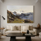 Canvas art print featuring an alpine vista with towering peak and foreground terrain, displayed in a spacious living room
