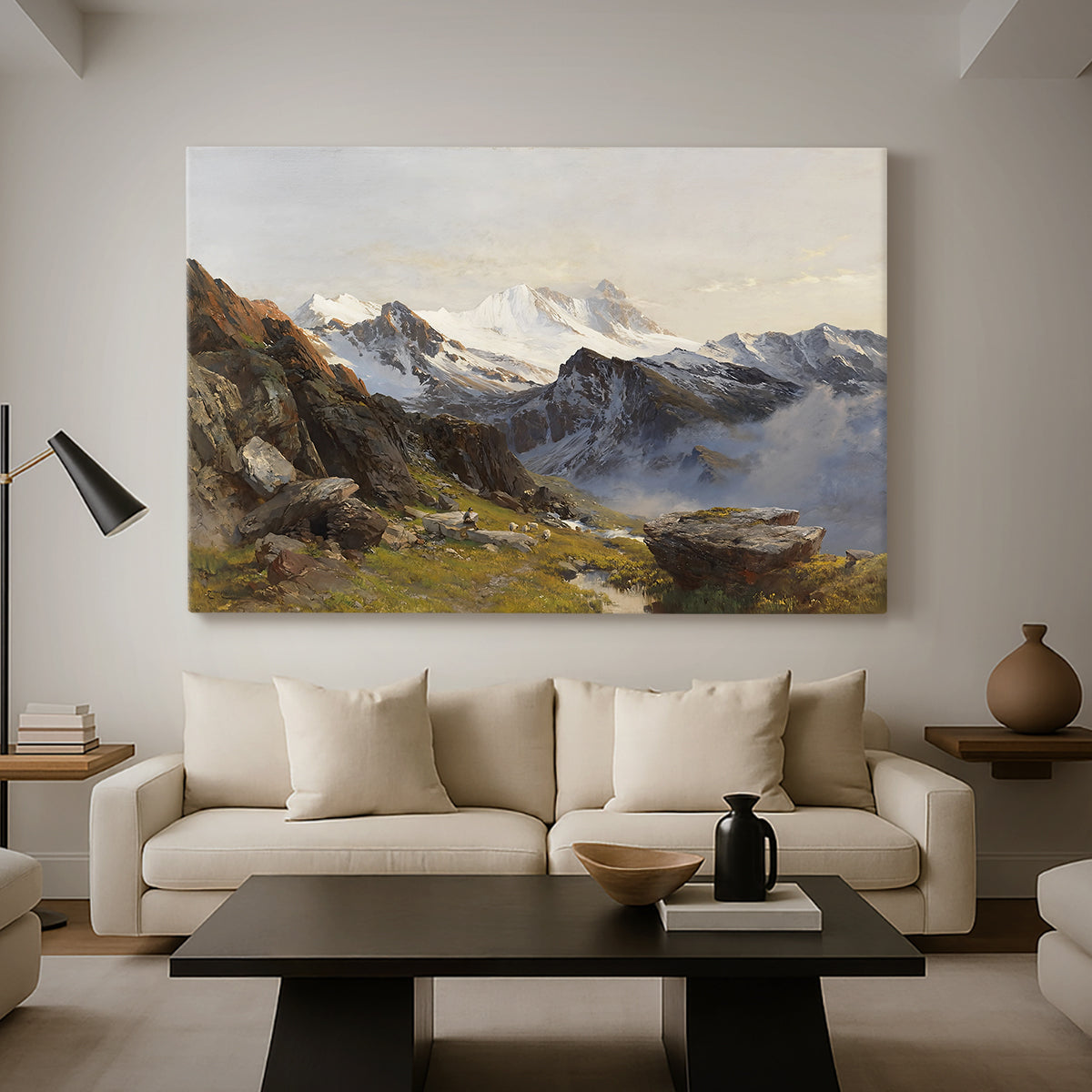 Canvas art print featuring an alpine vista with towering peak and foreground terrain, displayed in a spacious living room