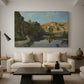 Canvas art print featuring a scenic river view bordered by cliffs and vegetation, displayed in a spacious living room