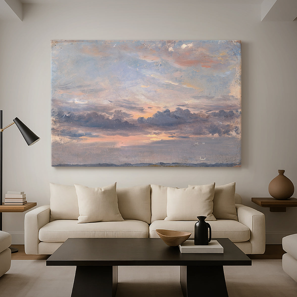 Canvas art print featuring an expressive sky scene with soft color transitions, displayed in a spacious living room
