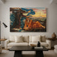 Canvas art print featuring a symbolic composition exploring human form and spiritual themes, displayed in a spacious living room