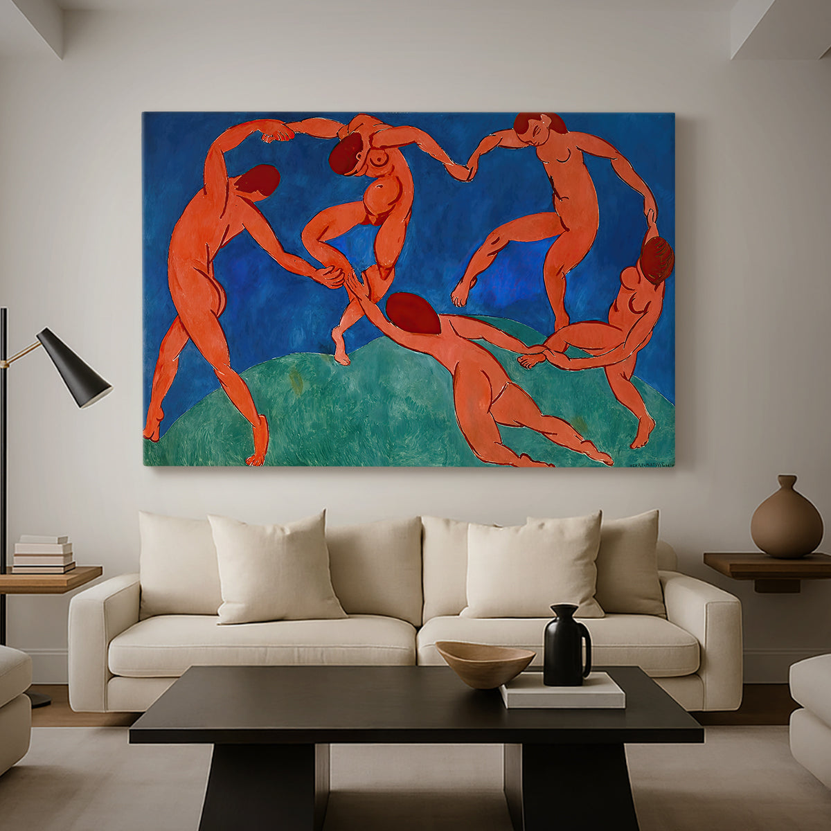 Canvas art print featuring an iconic composition of moving bodies in a ring, displayed in a spacious living room