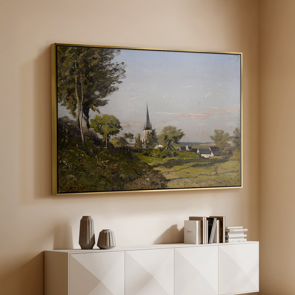 Village Landscape with Church, 1891 - Floater Framed Canvas Print
