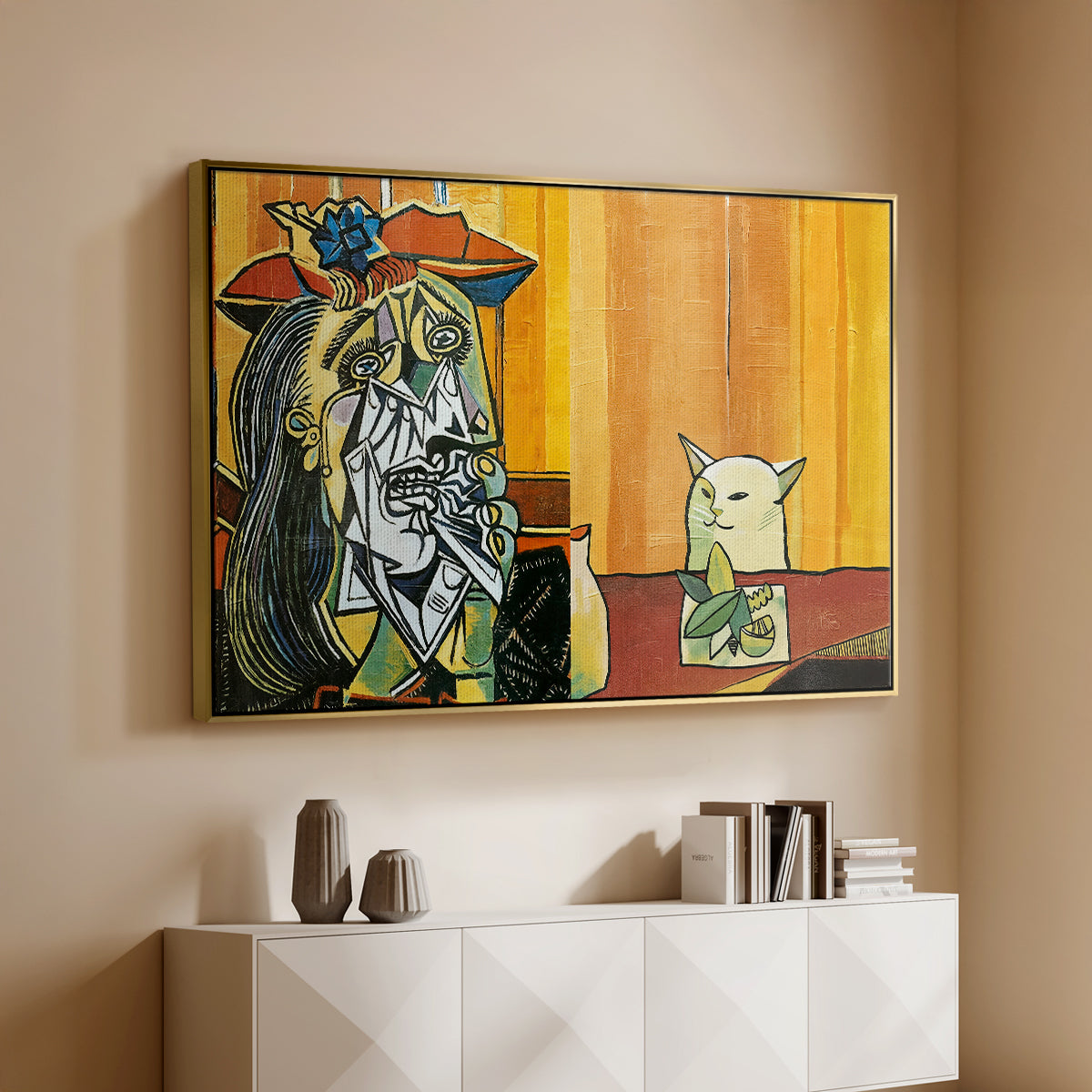 Woman Yelling at a Cat Meme (Picasso Parody) - Floater Framed Canvas Print