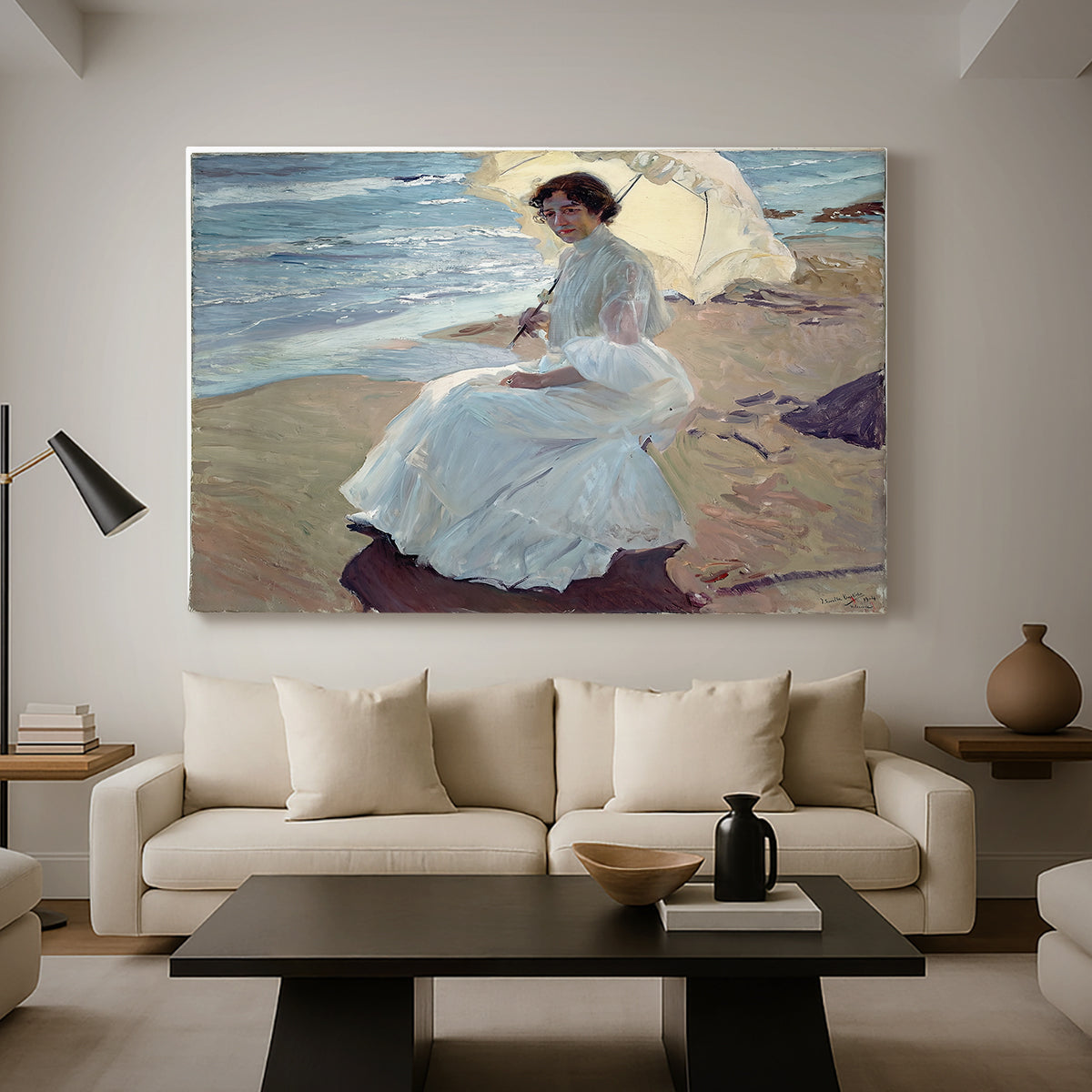 Canvas art print featuring an impressionist figure study with ocean backdrop, displayed in a spacious living room