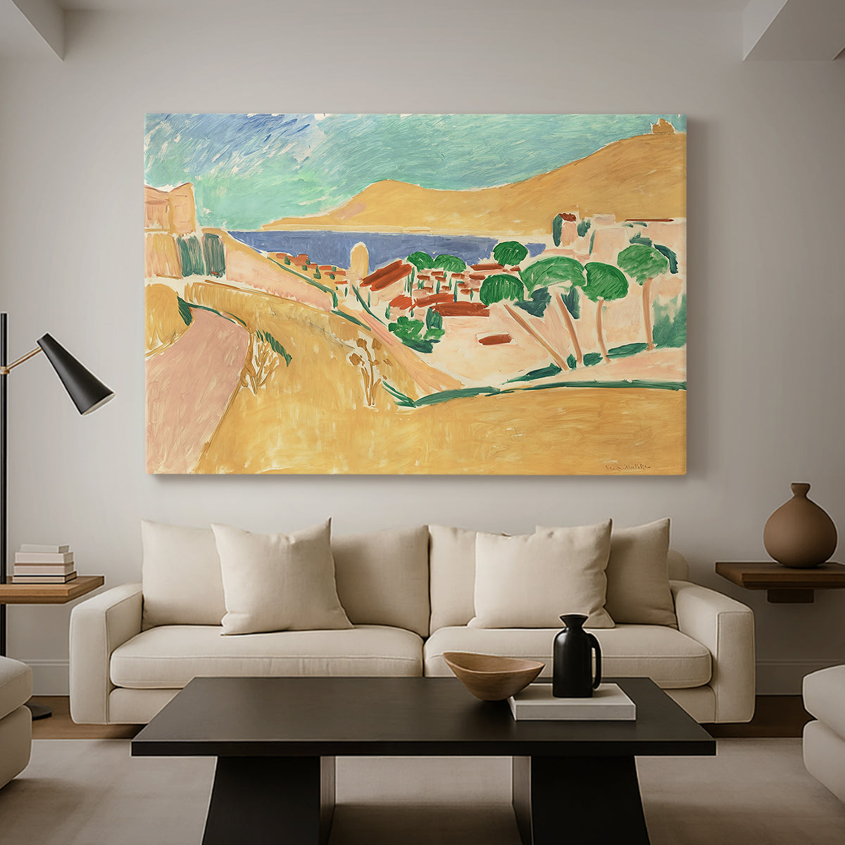 Canvas art print featuring an expressive depiction of coastal town under bright light, displayed in a spacious living room