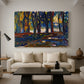 Canvas art print featuring a semi-abstract composition with trees and layered brushwork, displayed in a spacious living room