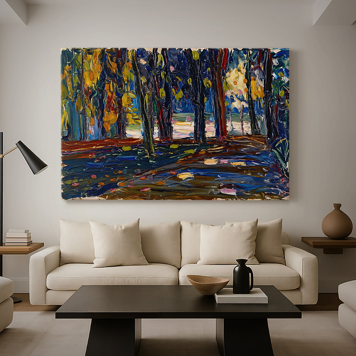 Canvas art print featuring a semi-abstract composition with trees and layered brushwork, displayed in a spacious living room