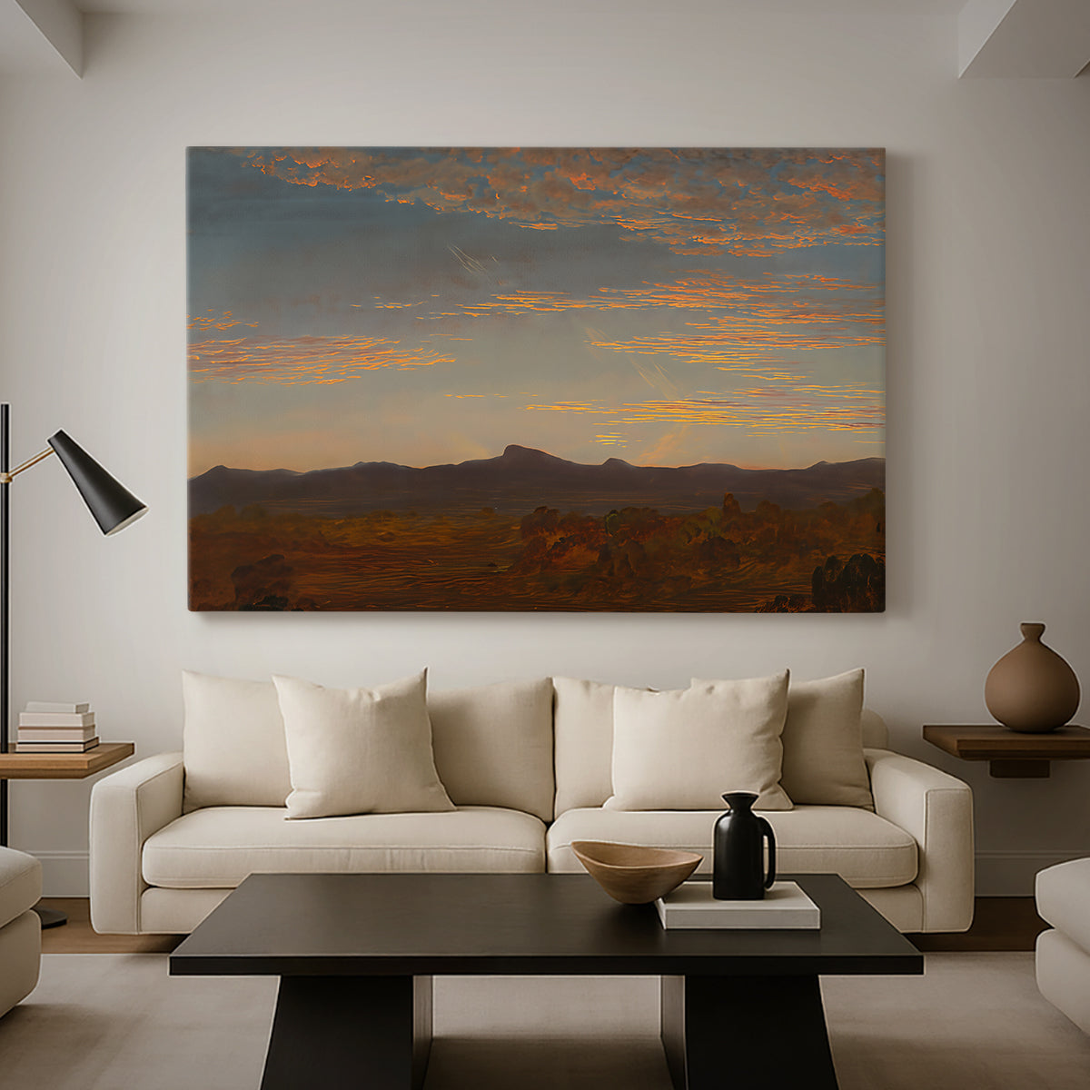 Canvas art print featuring a romantic landscape with layered terrain and soft evening light, displayed in a spacious living room