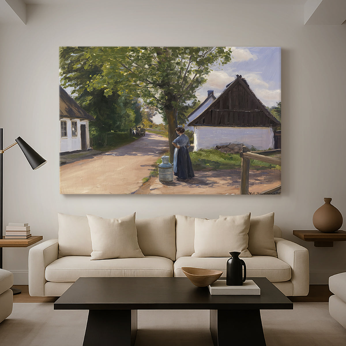 Canvas art print featuring a countryside scene with figures exchanging goods outdoors, displayed in a spacious living room
