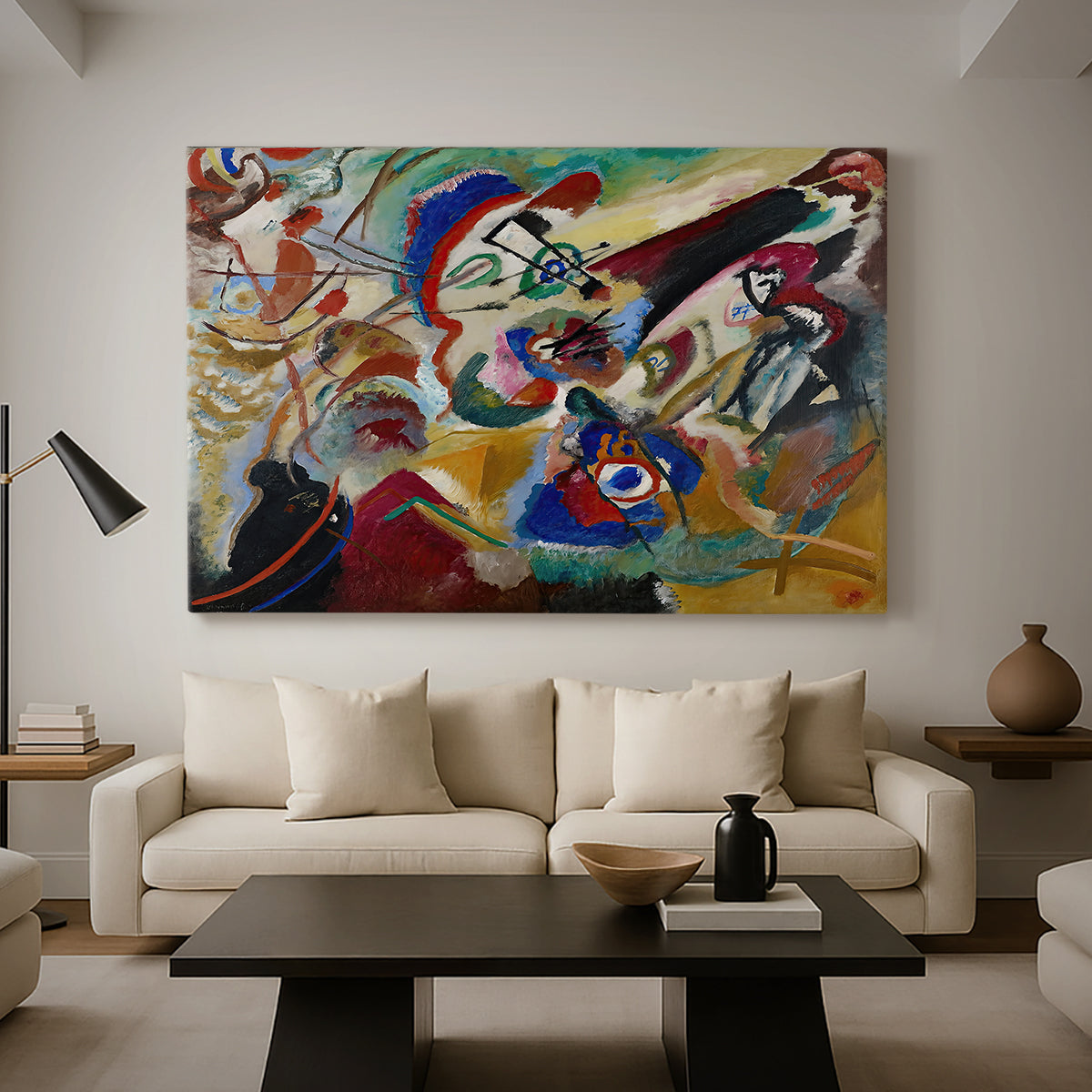 Canvas art print featuring a dynamic arrangement of shapes suggesting larger composition, displayed in a spacious living room