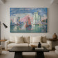 Canvas art print featuring a pointillist waterfront composition, displayed in a spacious living room