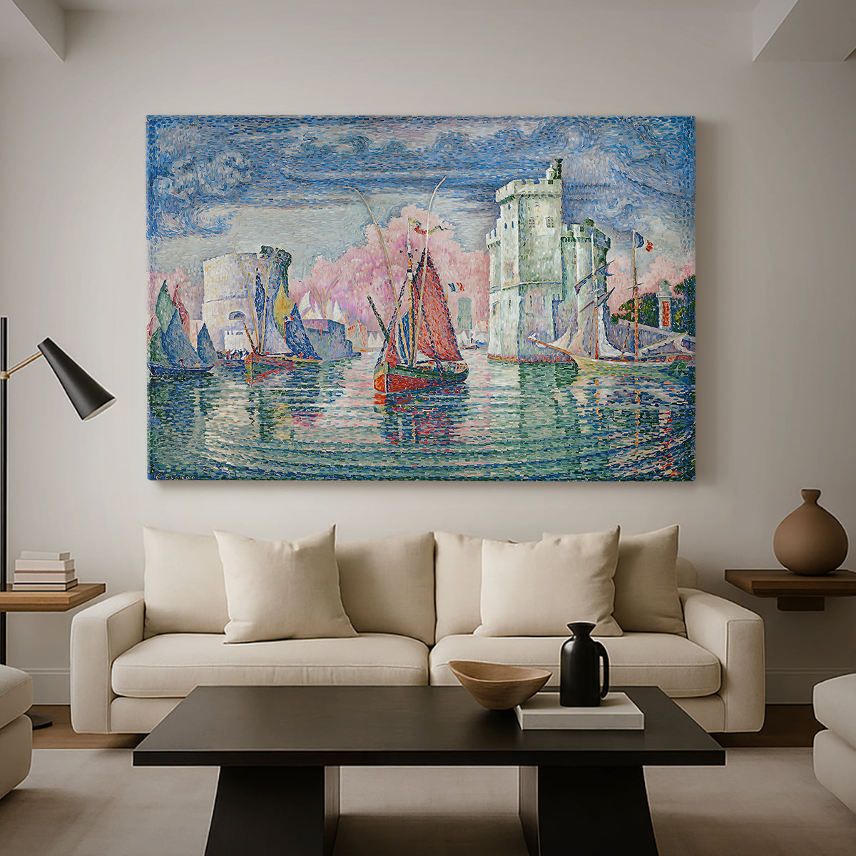 Canvas art print featuring a pointillist waterfront composition, displayed in a spacious living room