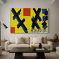 Canvas art print featuring a stylized composition with flat colors and structured layout, displayed in a spacious living room