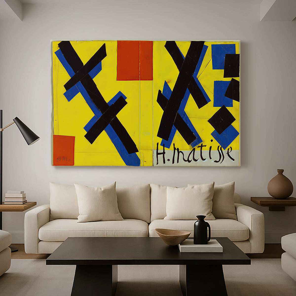 Canvas art print featuring a stylized composition with flat colors and structured layout, displayed in a spacious living room