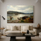 Canvas art print featuring a coastal landscape with figures engaged in daily activity, displayed in a spacious living room