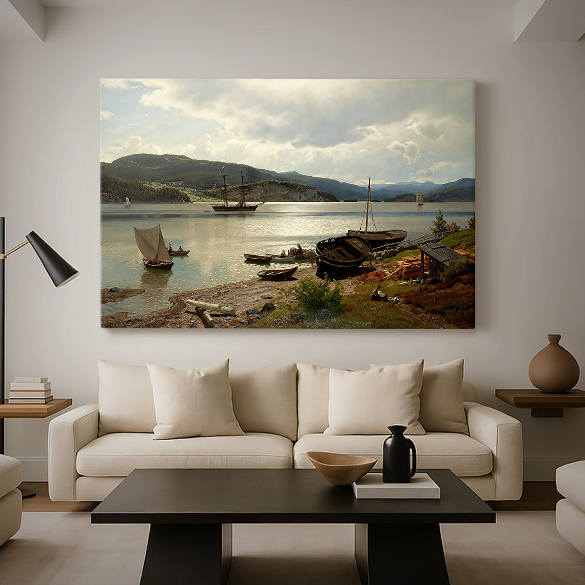 Canvas art print featuring a coastal landscape with figures engaged in daily activity, displayed in a spacious living room