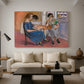 Canvas art print featuring a stylized interior with seated figures playing at a table, displayed in a spacious living room