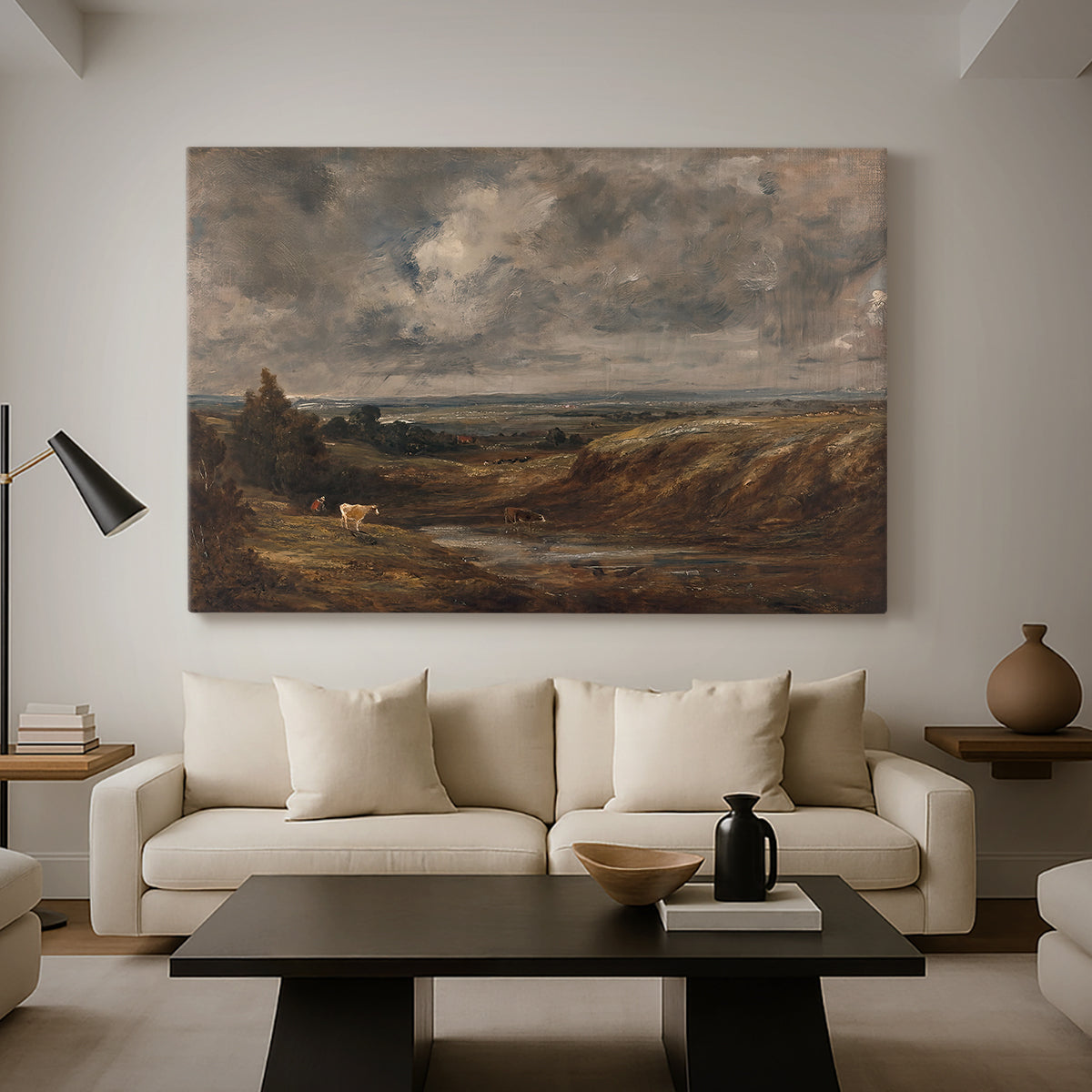 Canvas art print featuring an atmospheric countryside view, displayed in a spacious living room