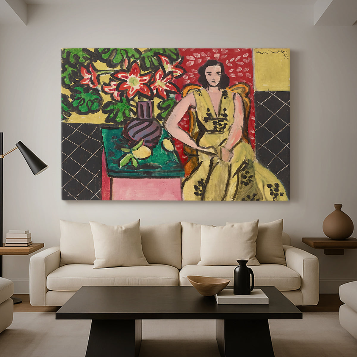 Canvas art print featuring a colorful interior with a seated woman and blooming flowers, displayed in a spacious living room