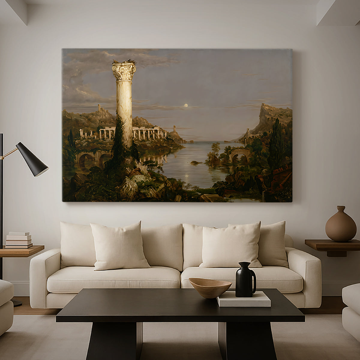 Canvas art print featuring a peaceful yet somber scene of decay and silence, displayed in a spacious living room